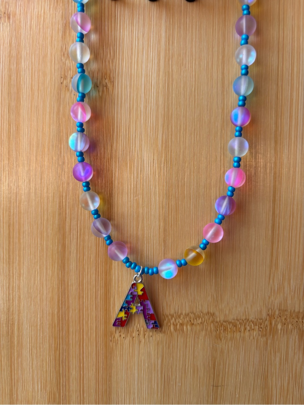 Glass Multicolor Bead Autism Awareness Necklace with Puzzle 'A' Charm